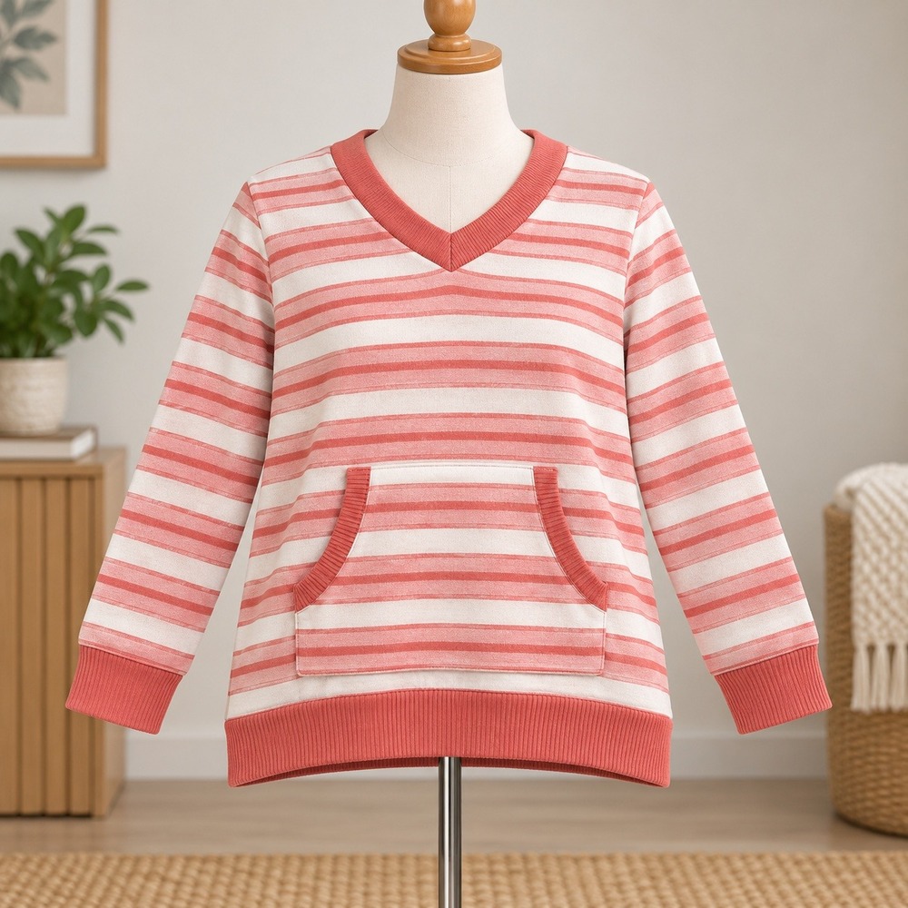NEW Denim & Co. V-Neck Striped Sweater XL Pink Coral Kangaroo Pocket Pullover